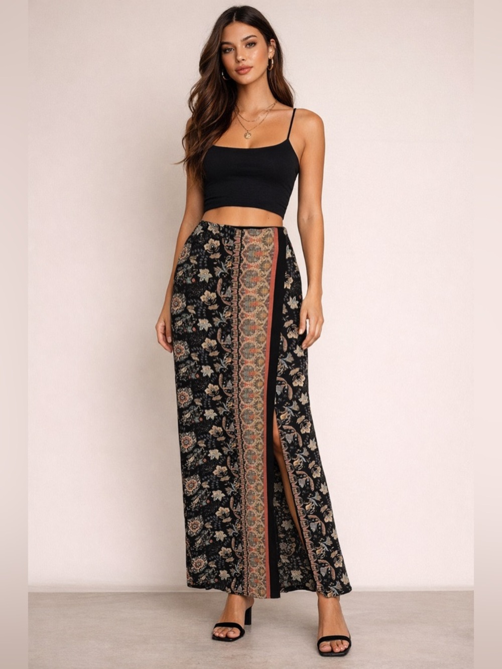 Monteau Los Angeles Boho Floral Maxi Skirt Slit Size Large